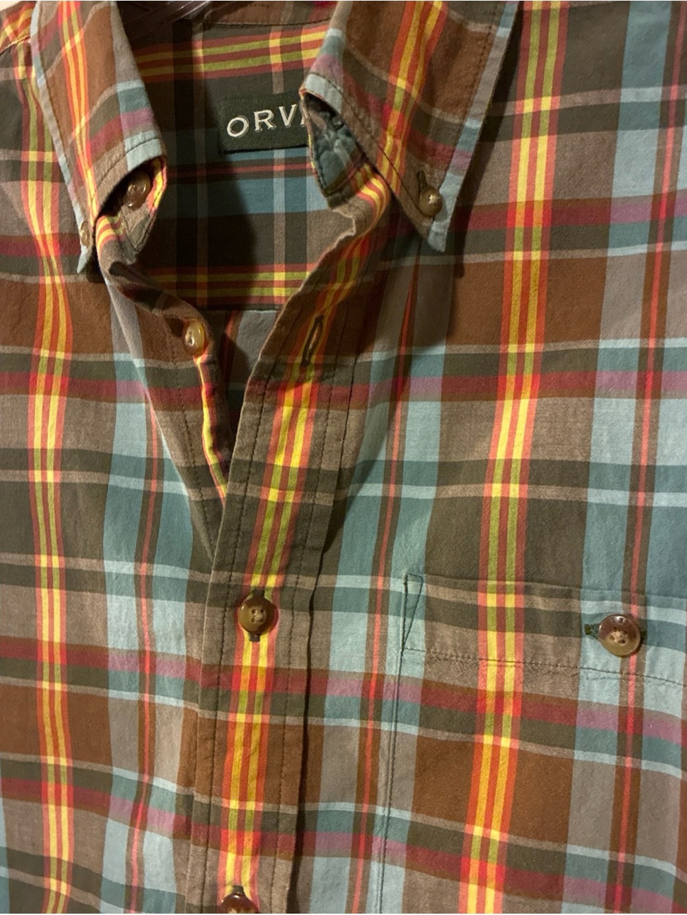 Orvis-Men’s Brown Blue Plaid Button-Down ShortSleeve Cotton Striped Shirt Sz M